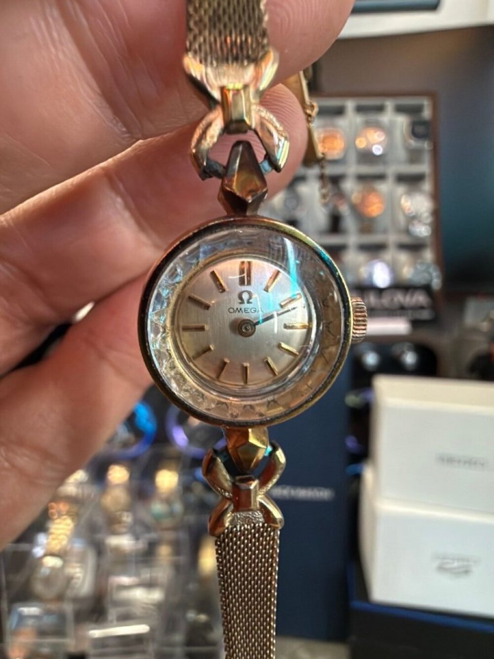 Omega Saphette Ladies Cocktail Watch Faceted Crystal Mesh Bracelet Vintage